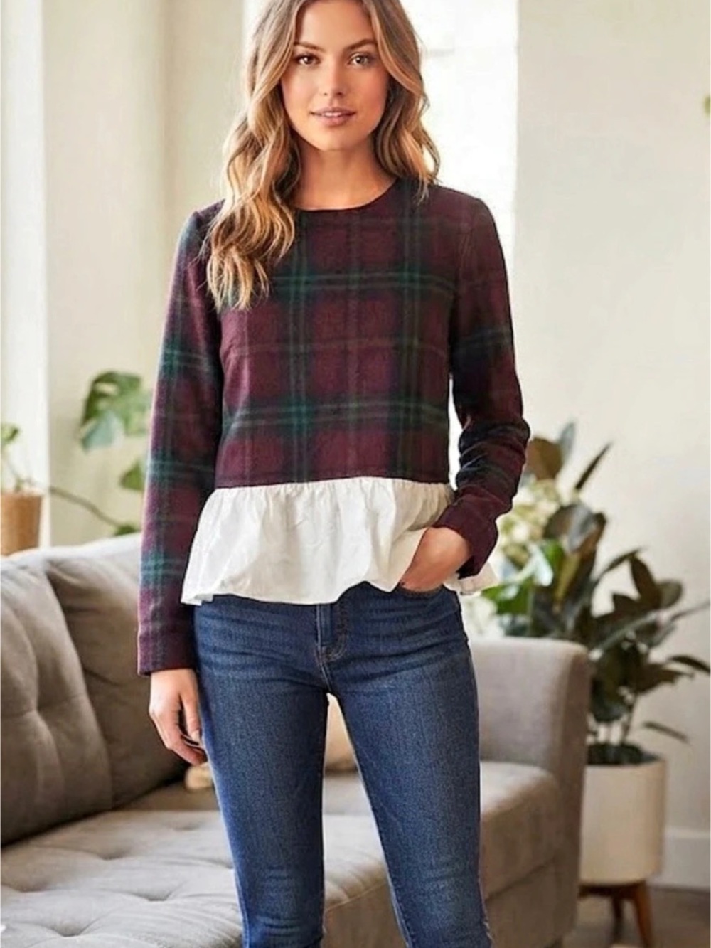 Voge Boutique Plaid Peplum Blouse in Burgundy & White Size Small 24